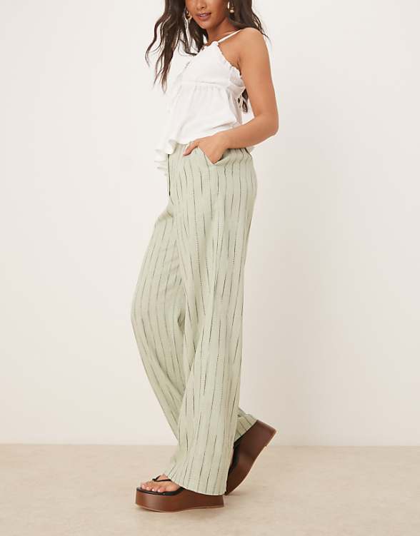 asos ASOS DESIGN relaxed straight leg trousers with linen in sage squiggle stripe