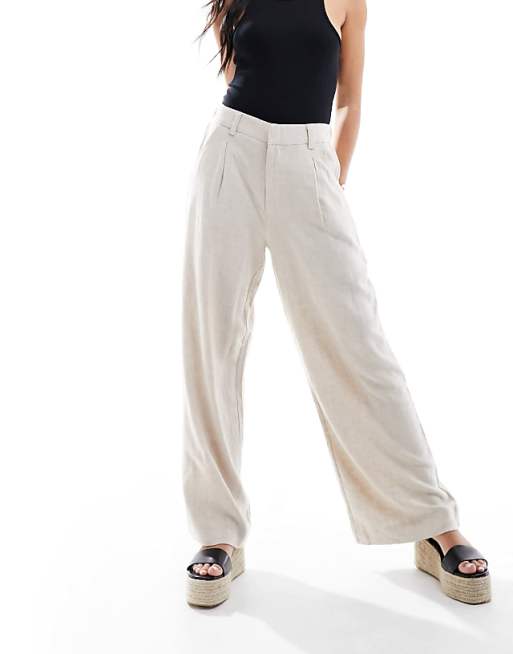 Asos ASOS DESIGN Relaxed Straight Leg Trousers With Linen In Natural