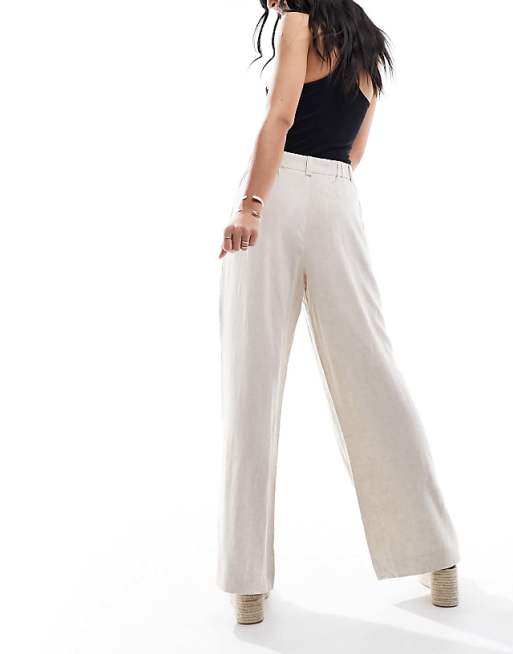 Asos ASOS DESIGN Relaxed Straight Leg Trousers With Linen In Natural