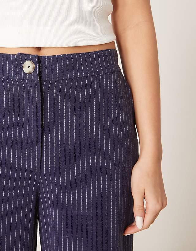 Asos ASOS DESIGN Relaxed Straight Leg Trousers With Linen In Navy Stripe