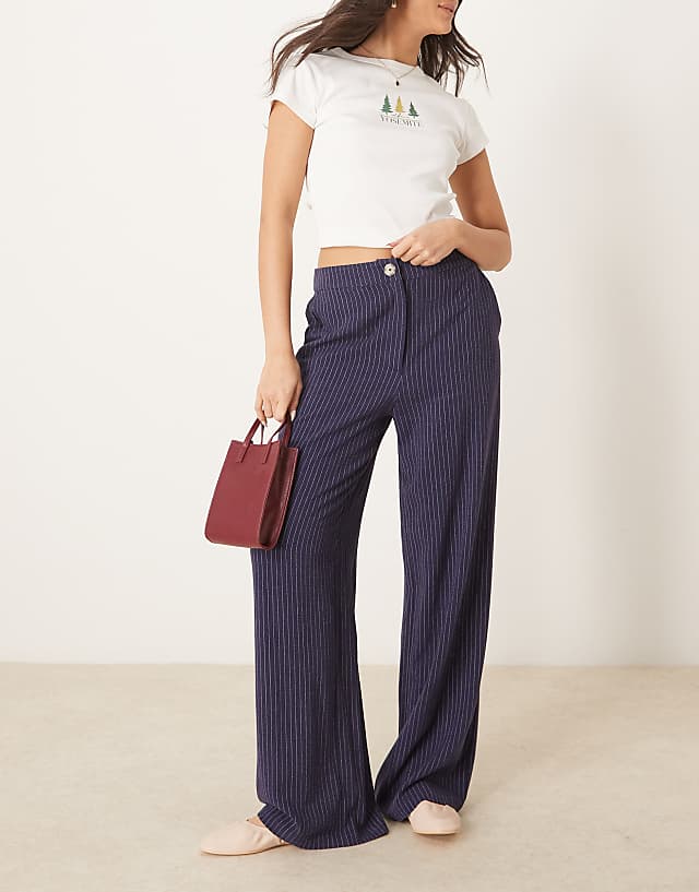 asos ASOS DESIGN relaxed straight leg trousers with linen in navy stripe
