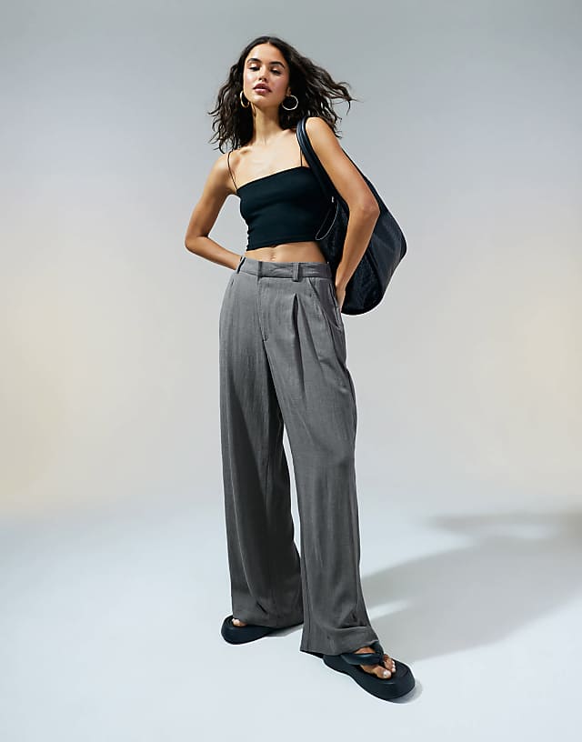 asos ASOS DESIGN relaxed straight leg trousers with linen in grey