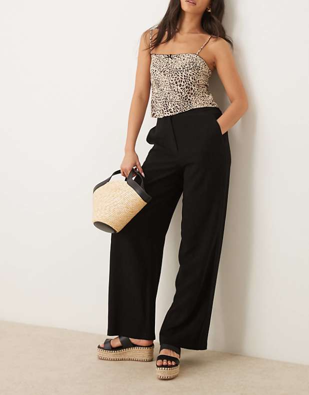 asos ASOS DESIGN relaxed straight leg trousers with linen in black