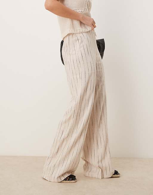 Asos ASOS DESIGN Relaxed Straight Leg Trousers With Linen In Natural Squiggle Stripe