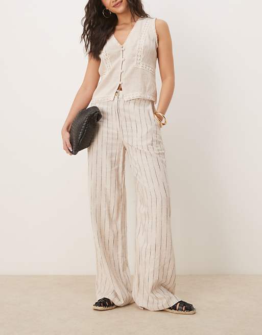 asos ASOS DESIGN relaxed straight leg trousers with linen in natural squiggle stripe