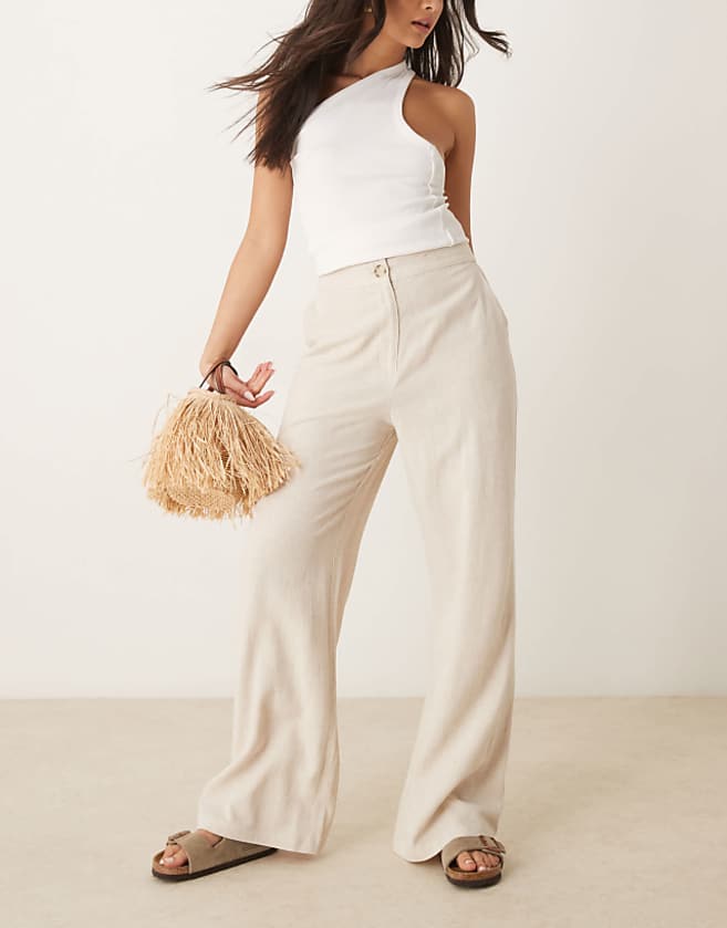 asos ASOS DESIGN relaxed straight leg trousers with linen in stone