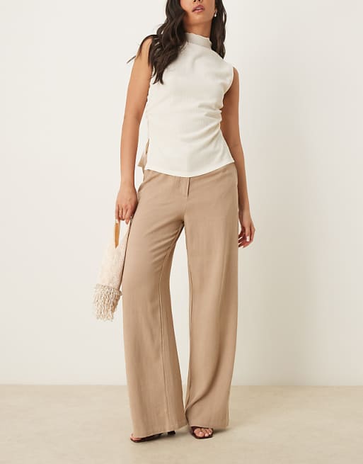 asos ASOS DESIGN relaxed straight leg trousers with linen in mocha