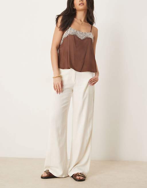 asos ASOS DESIGN relaxed straight leg trousers with linen in cream