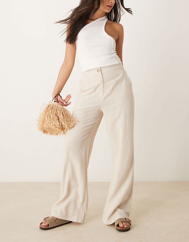 asos ASOS DESIGN relaxed straight leg trousers with linen in stone