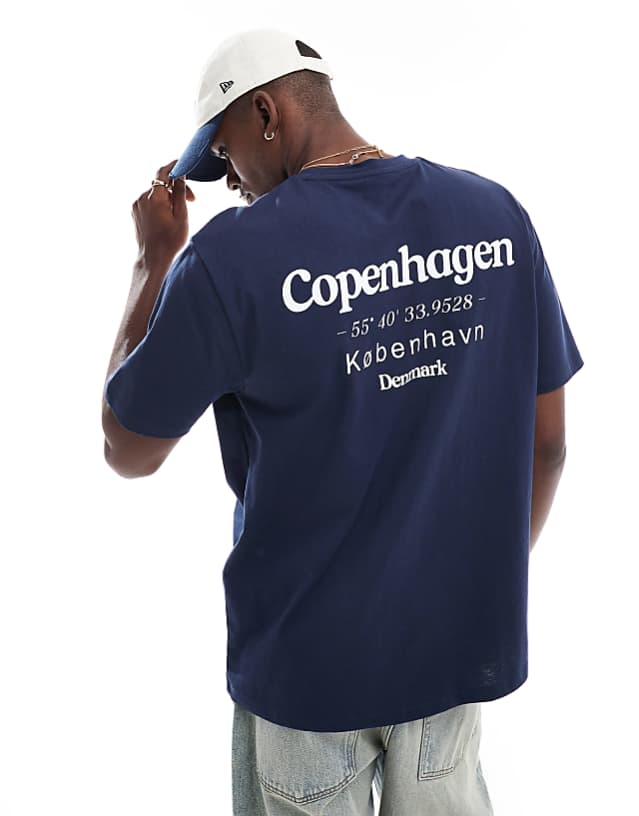 asos ASOS DESIGN relaxed t-shirt with copenhagen back print in navy