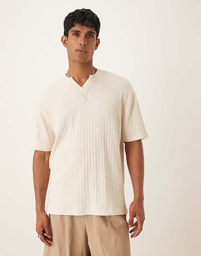 asos ASOS DESIGN relaxed t-shirt with notch detail in beige