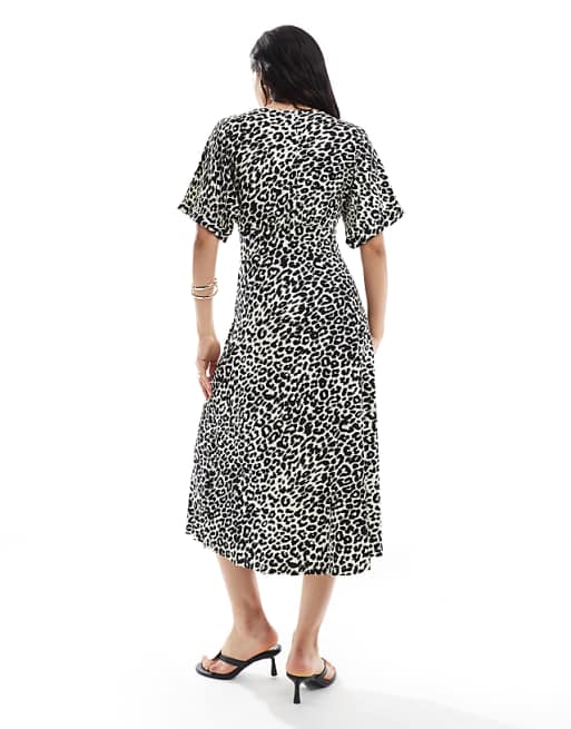 Asos ASOS DESIGN Roll Sleeve Button Front Midi Tea Dress In Animal Print