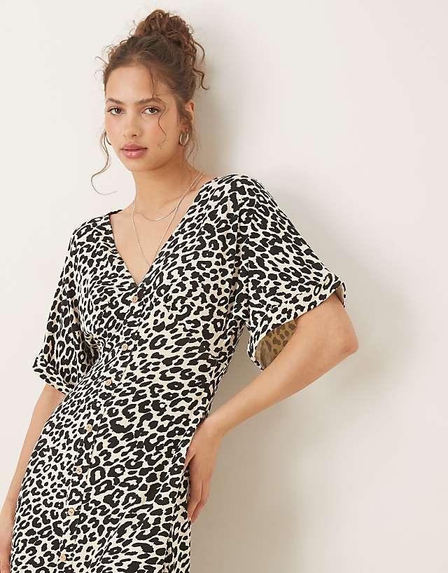 Asos ASOS DESIGN Roll Sleeve Button Front Midi Tea Dress In Animal Print