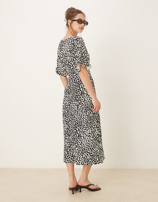 Asos ASOS DESIGN Roll Sleeve Button Front Midi Tea Dress In Animal Print