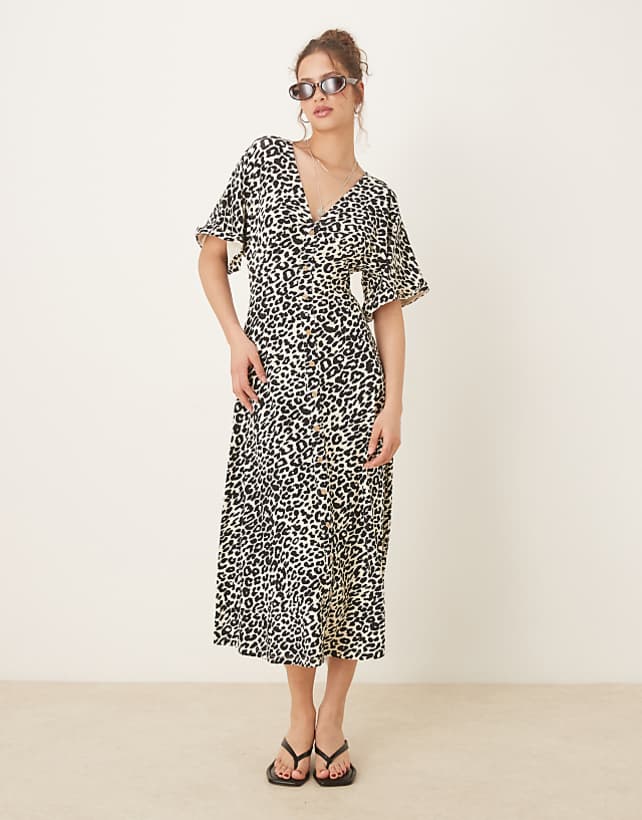 asos ASOS DESIGN roll sleeve button front midi tea dress in animal print