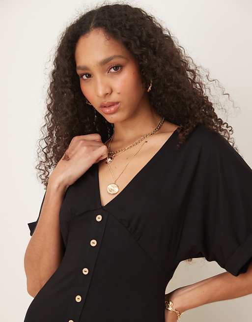 Asos ASOS DESIGN Roll Sleeve Button Front Mini Tea Dress In Black