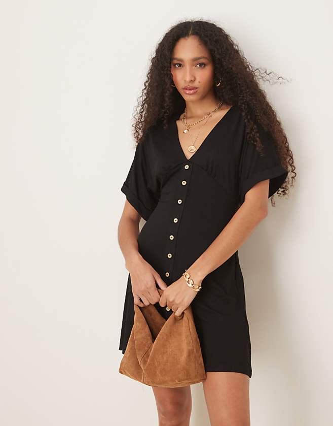 asos ASOS DESIGN roll sleeve button front mini tea dress in black
