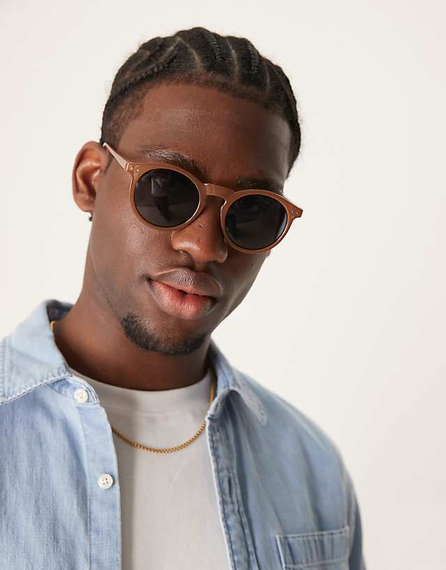 asos ASOS DESIGN round retro sunglasses with smoke brown lens and brown frame