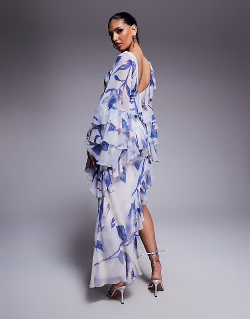 Asos ASOS DESIGN Ruffle Bias Maxi Dress With Extreme Tiered Sleeve In Blue Floral Print
