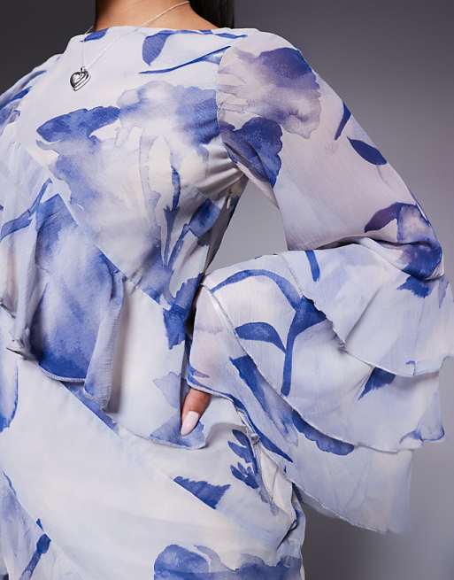 Asos ASOS DESIGN Ruffle Bias Maxi Dress With Extreme Tiered Sleeve In Blue Floral Print