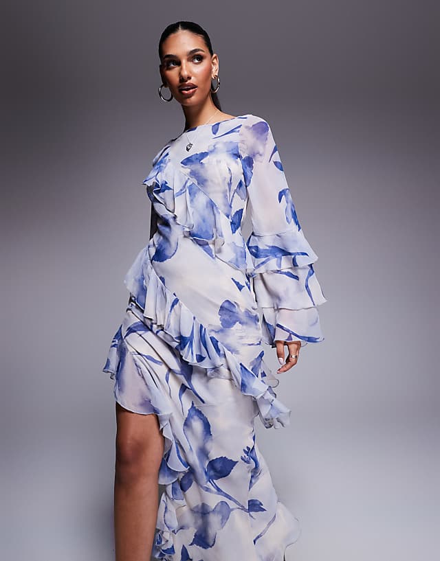Asos ASOS DESIGN Ruffle Bias Maxi Dress With Extreme Tiered Sleeve In Blue Floral Print