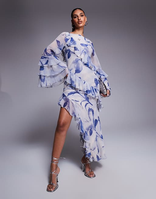 asos ASOS DESIGN ruffle bias maxi dress with extreme tiered sleeve in blue floral print