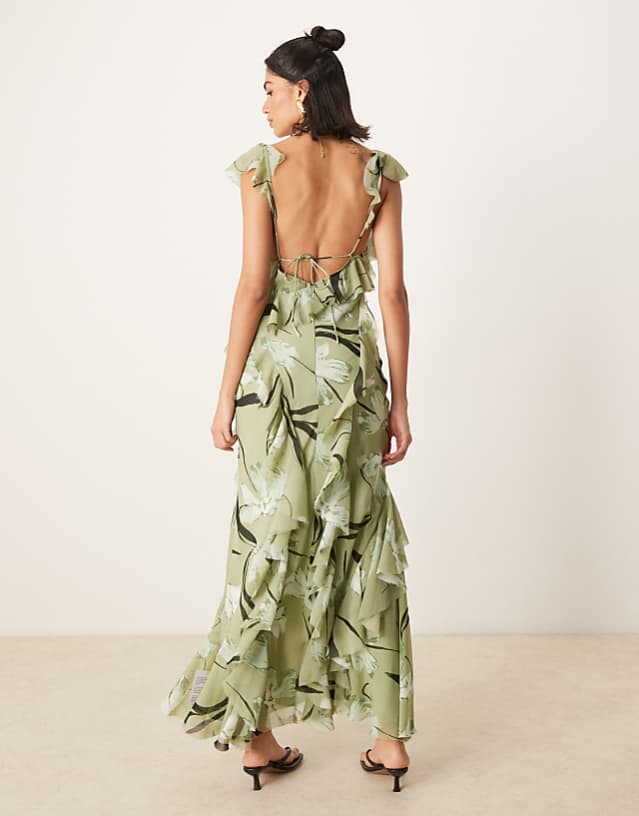 Asos ASOS DESIGN Ruffle Bias Maxi Dress With Open Back In Green Floral Print
