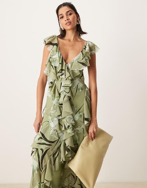 Asos ASOS DESIGN Ruffle Bias Maxi Dress With Open Back In Green Floral Print