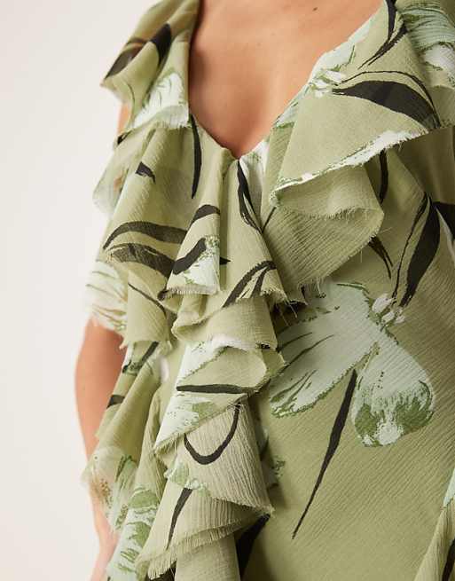 Asos ASOS DESIGN Ruffle Bias Maxi Dress With Open Back In Green Floral Print
