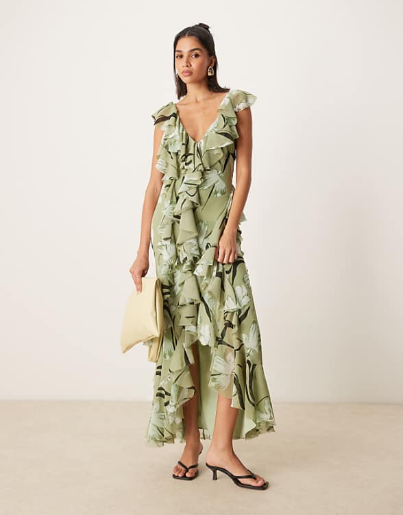 asos ASOS DESIGN ruffle bias maxi dress with open back in green floral print