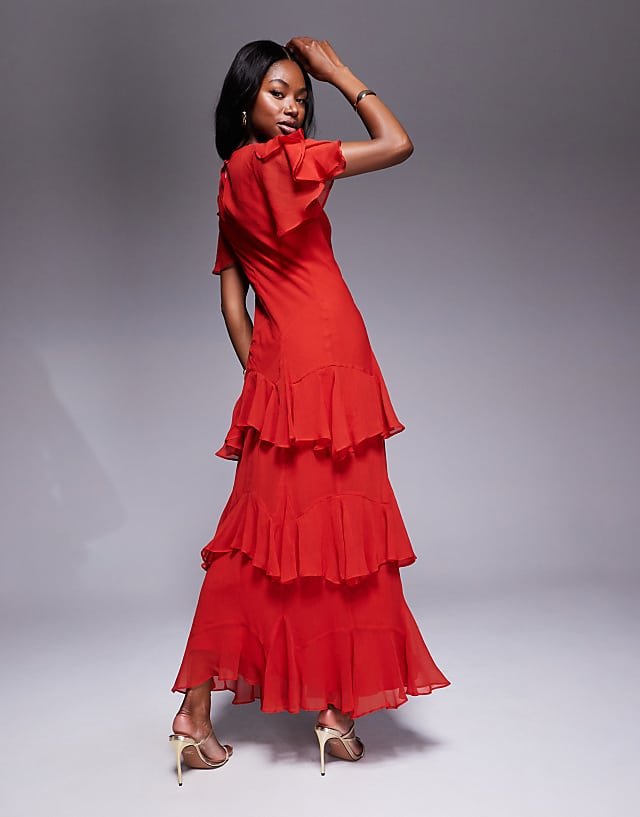 Asos ASOS DESIGN Ruffle Chiffon Maxi Dress In Dusky Red