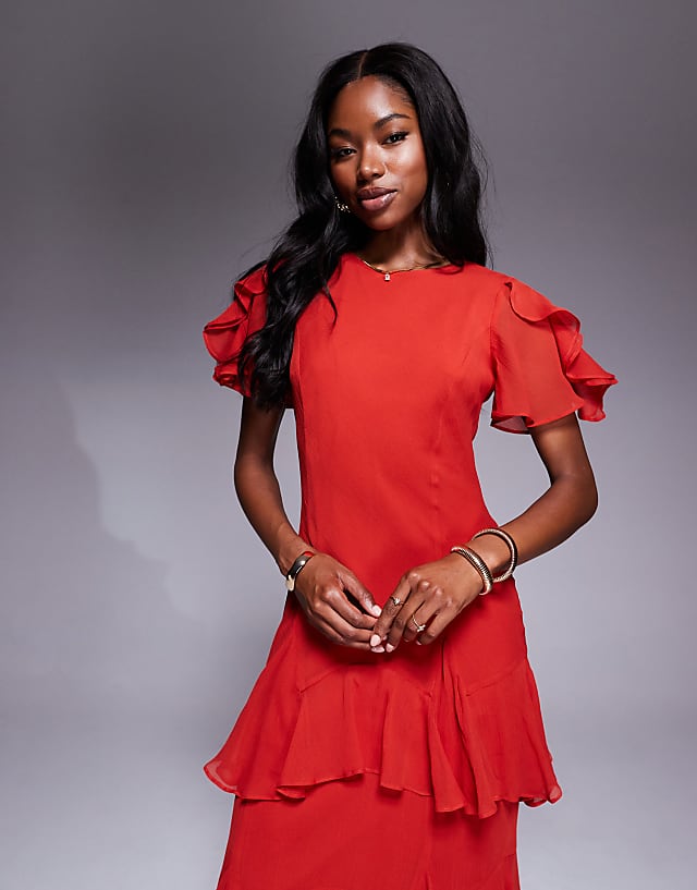 Asos ASOS DESIGN Ruffle Chiffon Maxi Dress In Dusky Red