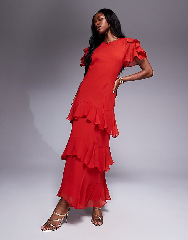 asos ASOS DESIGN ruffle chiffon maxi dress in dusky red