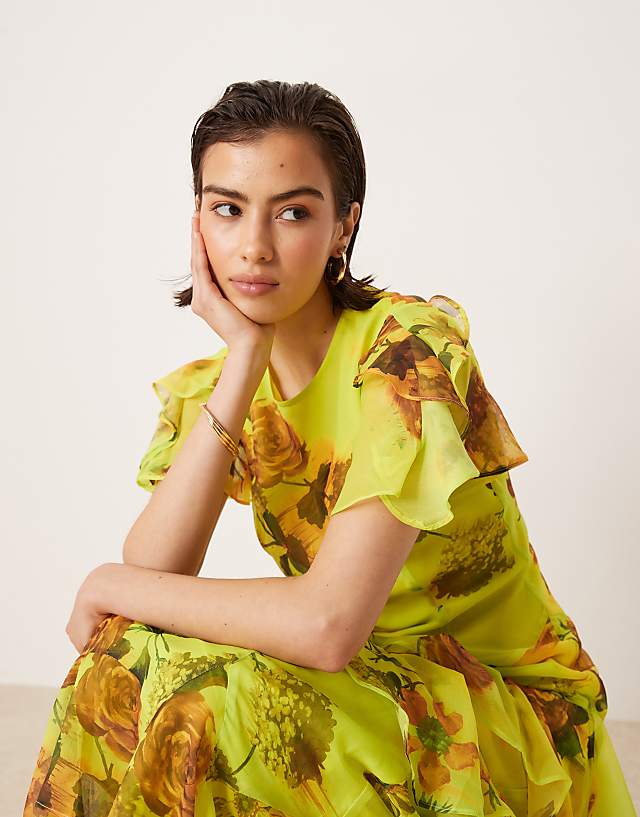 Asos ASOS DESIGN Ruffle Chiffon Maxi Dress In Green Based Floral Print