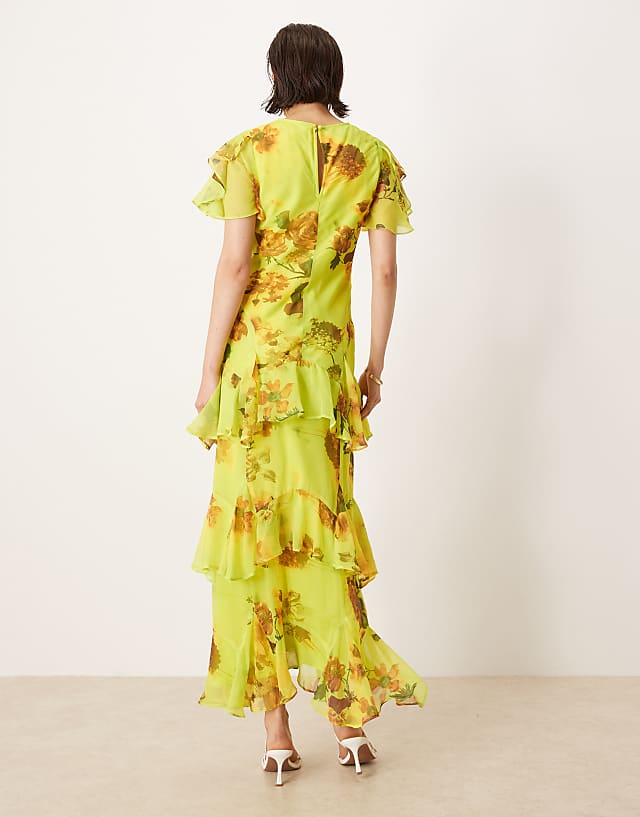 Asos ASOS DESIGN Ruffle Chiffon Maxi Dress In Green Based Floral Print