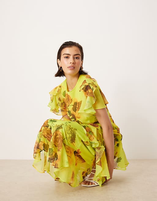 Asos ASOS DESIGN Ruffle Chiffon Maxi Dress In Green Based Floral Print