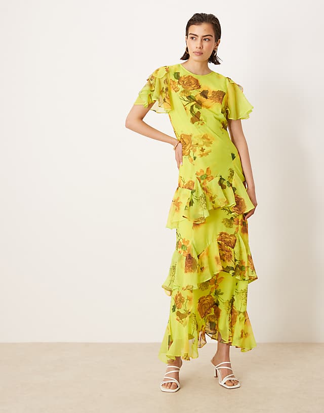 asos ASOS DESIGN ruffle chiffon maxi dress in green based floral print