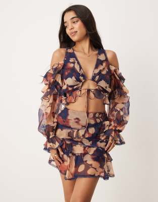 Asos ASOS DESIGN Ruffle Mini Lace Detail Skirt Co-ord In Midnight Floral - MULTI