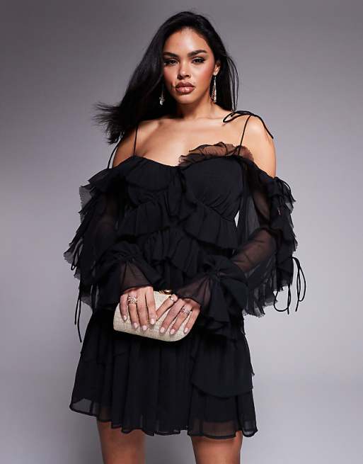 Asos ASOS DESIGN Ruffle Off Shoulder Tiered Mini Dress In Black