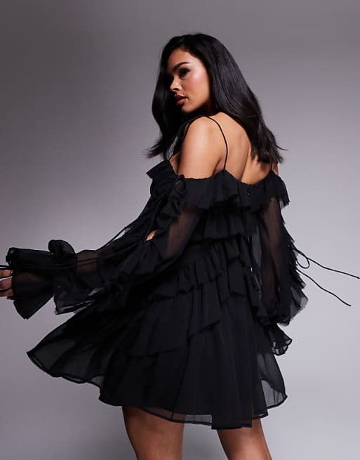 Asos ASOS DESIGN Ruffle Off Shoulder Tiered Mini Dress In Black