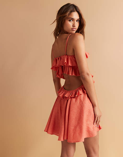 Asos ASOS DESIGN Ruffle Skater Mini Dress With Lattice Trim Detail In Washed Red