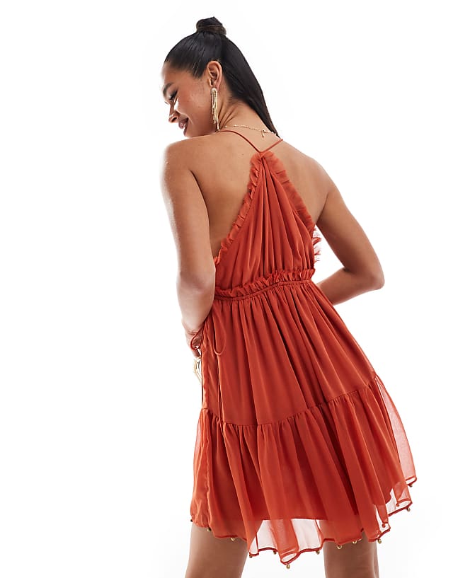 Asos ASOS DESIGN Ruffle Tiered Cami Mini Dress With Lace Trim In Rust