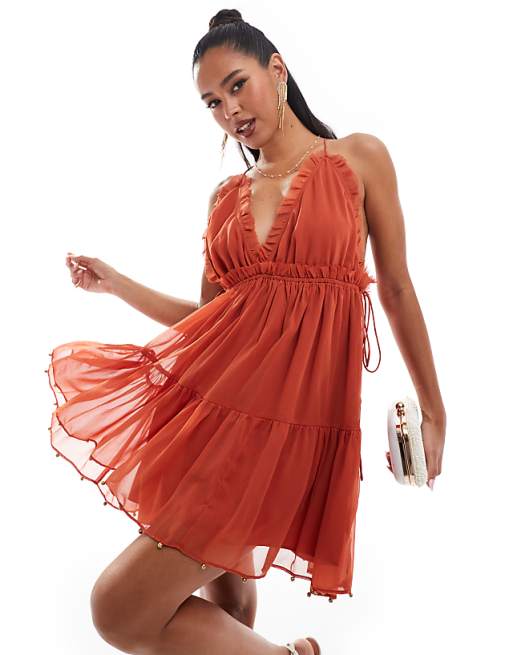 asos ASOS DESIGN ruffle tiered cami mini dress with lace trim in rust