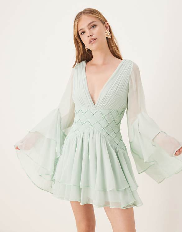 asos ASOS DESIGN ruffle tiered mini dress with weave detail in pale blue