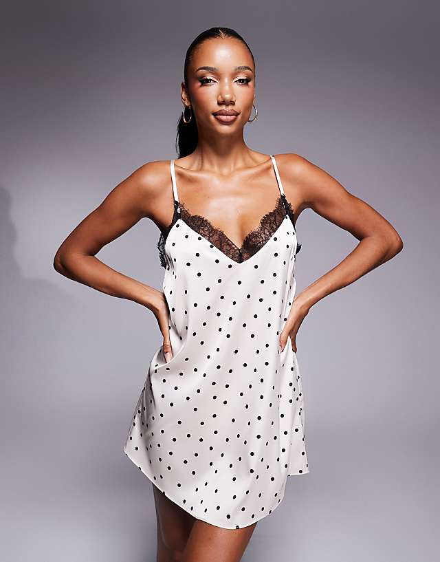 asos ASOS DESIGN satin and lace cami slip dress in polka dot