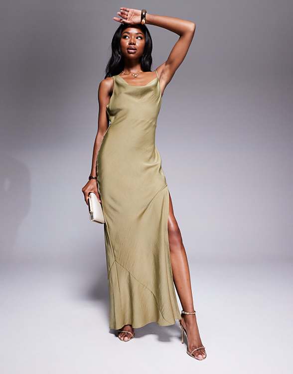 Asos ASOS DESIGN Satin Asymmetric Strap Midaxi Dress With Split In Olive Green