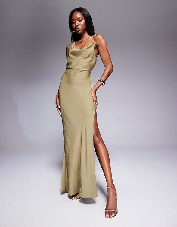 asos ASOS DESIGN satin asymmetric strap midaxi dress with split in olive green