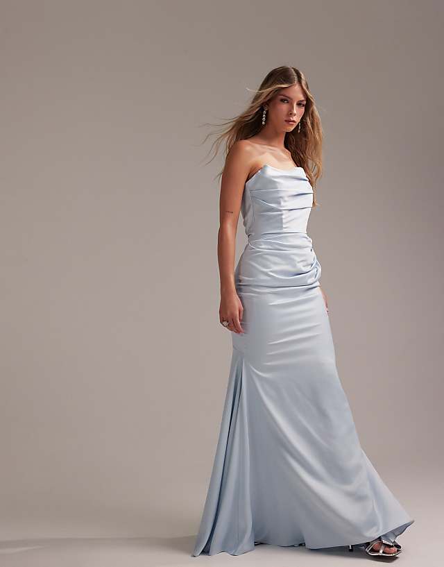 Asos ASOS DESIGN Satin Bandeau Bridesmaid Maxi Dress In Light Blue