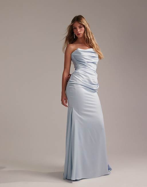 asos ASOS DESIGN satin bandeau bridesmaid maxi dress in light blue