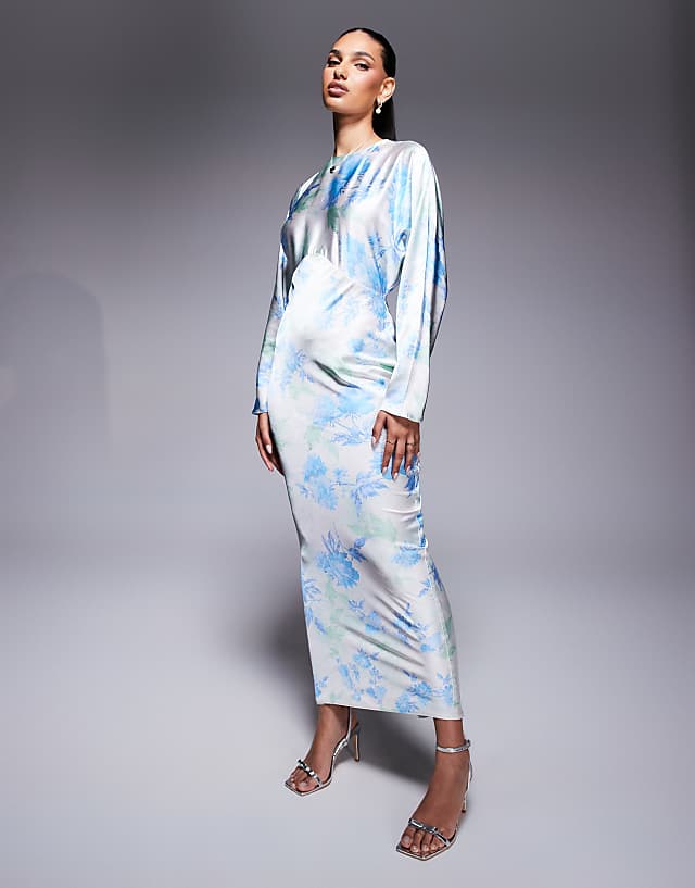 Asos ASOS DESIGN Satin Batwing Maxi Dress In Ivory Ground Floral